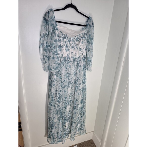 Dresses & Skirts - Minuet Blue White Floral Chiffon Maxi Dress Square Neck Sheer 3/4 Sleeve Size L